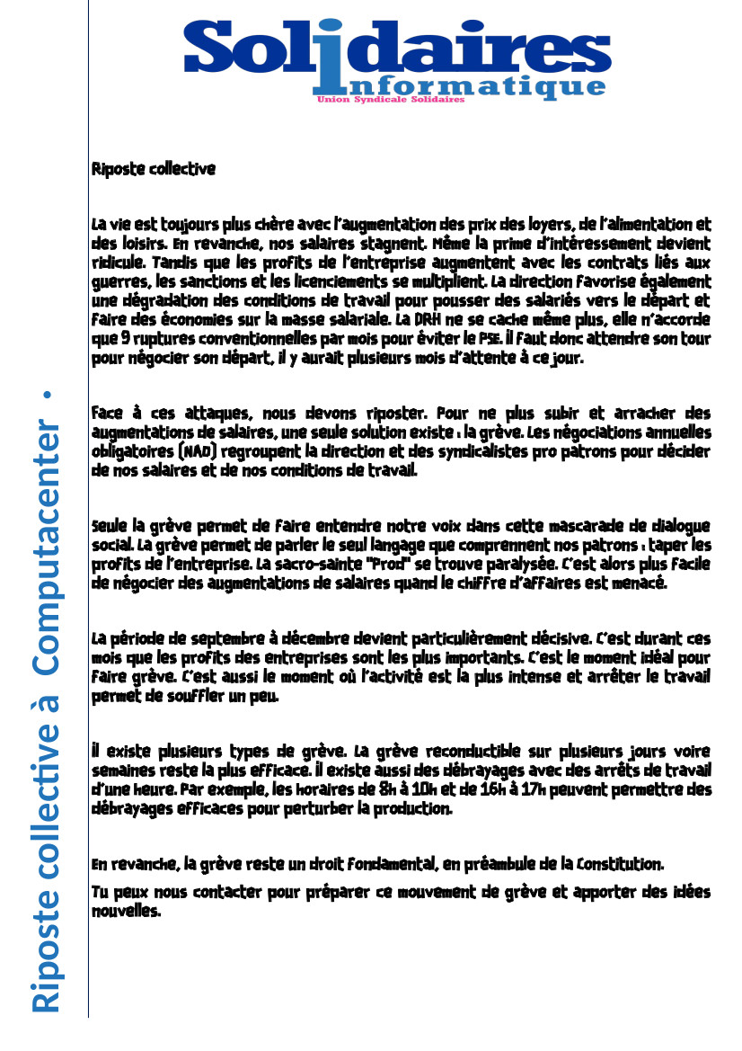 Page 1 du tract Solidaires Computacenter - Riposte collective