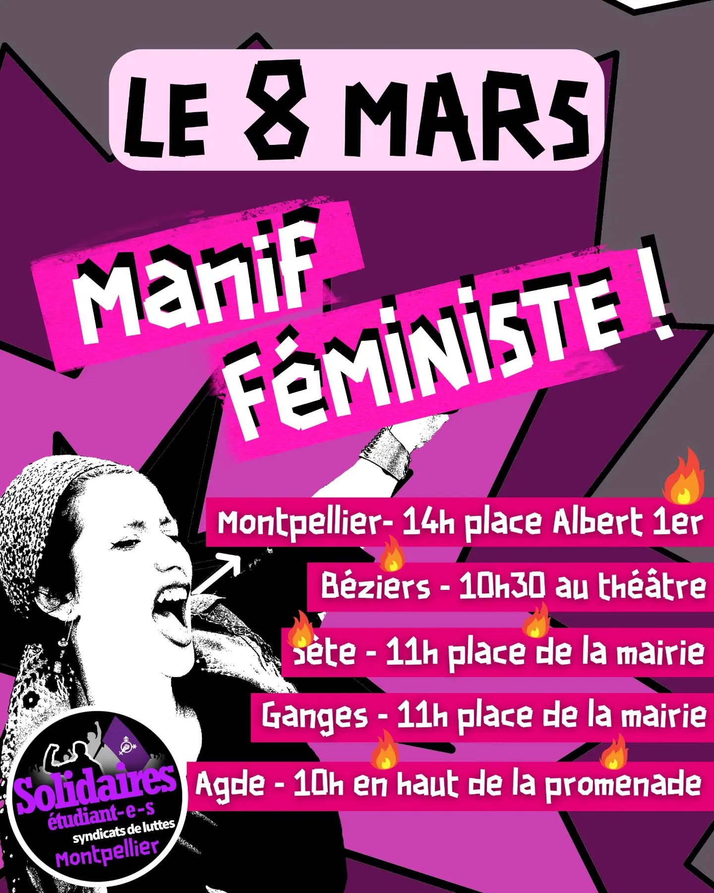 Visuel du syndicat Solidaires étudiant-e-s Montpellier pour les manifestations du 8 mars 2026
