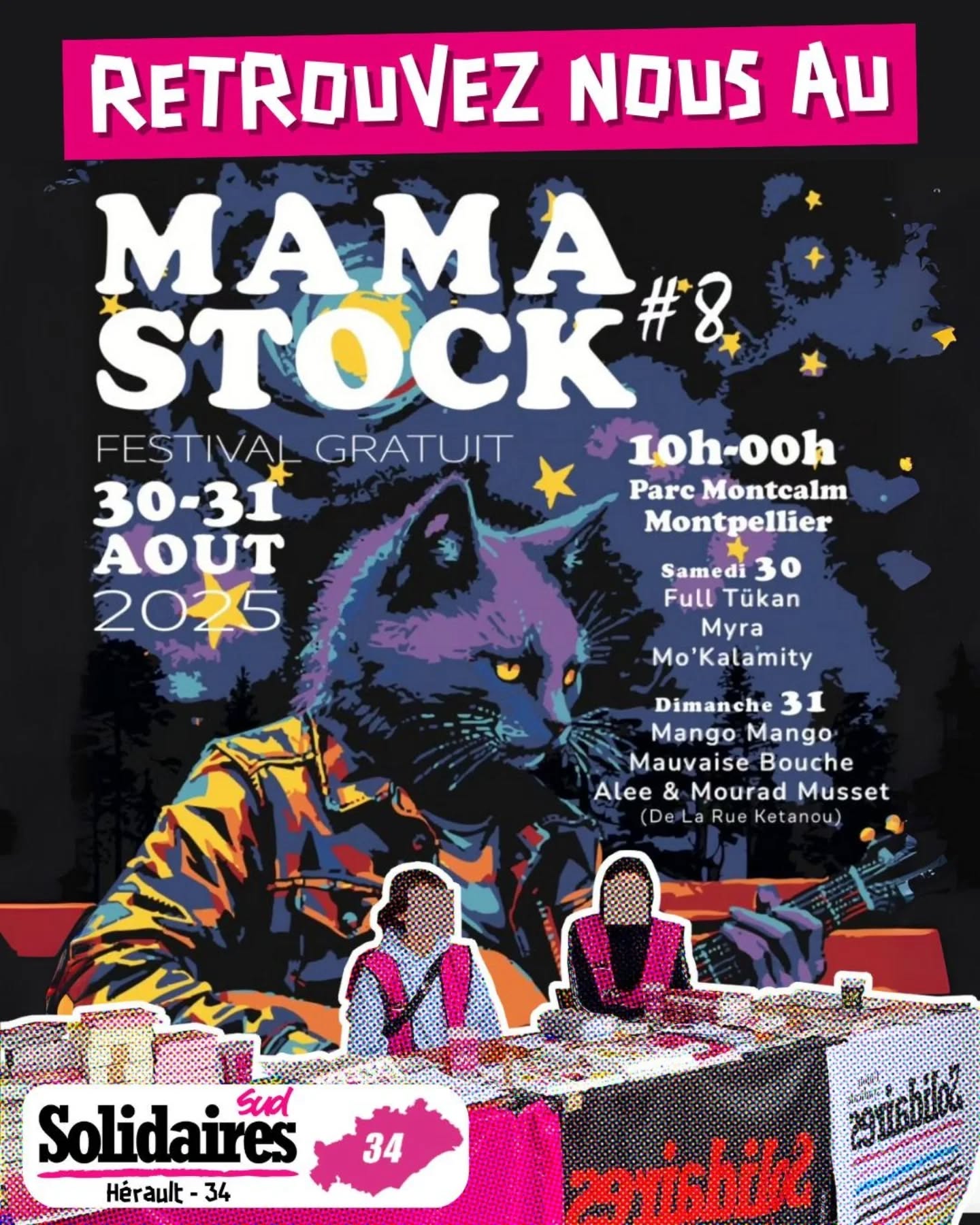 Affiche du festival Mama Stock 2025, avec en surimpression le texte “Retrouvez nous au festival” et le logo du syndicat Solidaires 34
